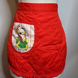 Vintage Half Apron Garfield Red Quilted Pocket OSFM Has A Stain Tie Waist
